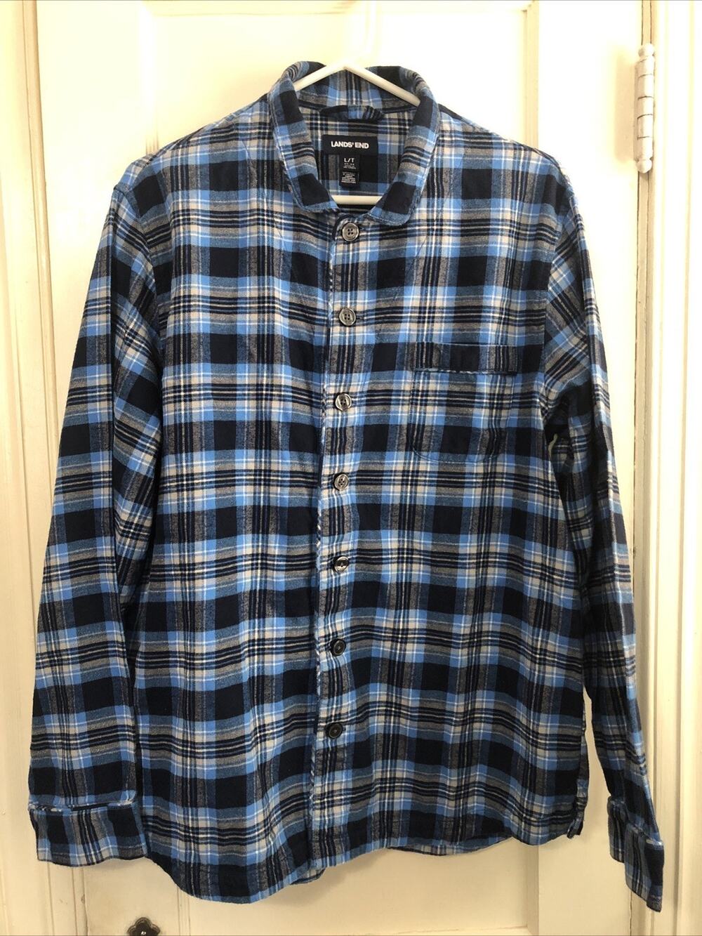 NWOT Lands' End Men's Blue Plaid Long Sleeve Button Pajama PJ Top Only Large